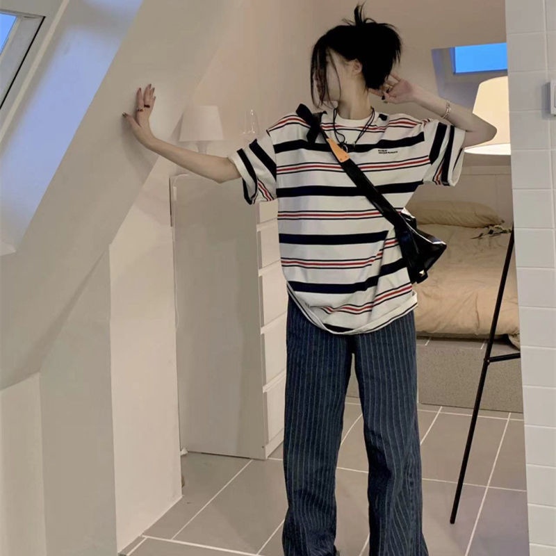 Jiashucheng Áo Thun Nữ Ngắn Tay Cổ Tròn Sọc Ngang Thời Trang Mới