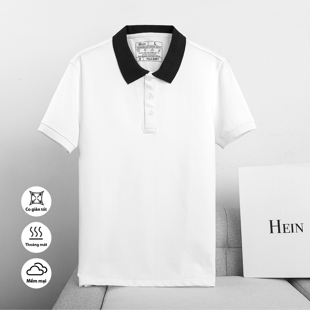 Áo polo nam HEIN cổ bẻ vải cá sấu cotton màu trắng phối cổ đen