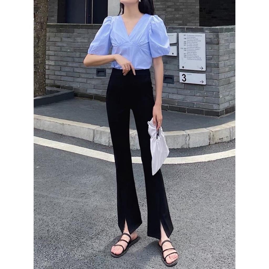 Quần vải nữ ống loe đứng rộng suông xuông, quần tây xẻ tà ống vảy cạp cao vải tuyết mưa cao cấp