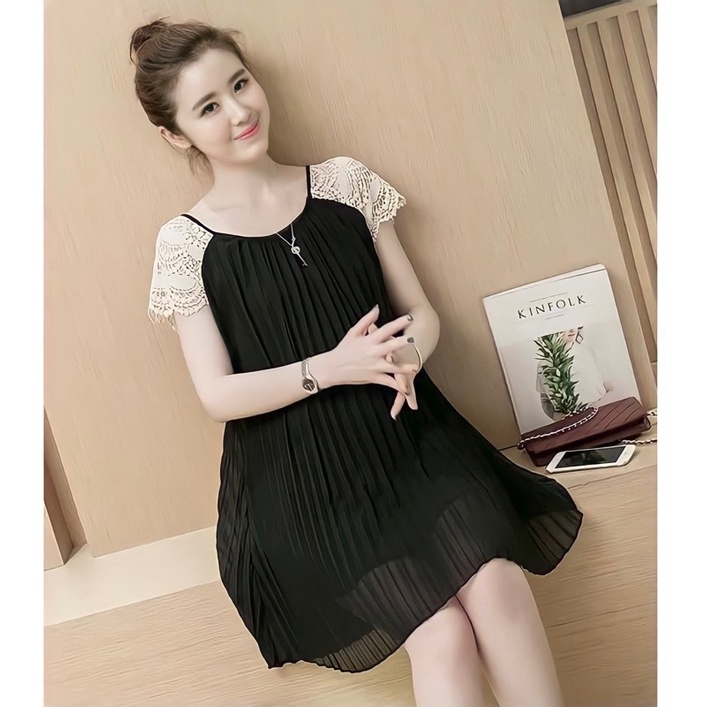 Váy bầu -Đầm bầu voan dập ly tay cộc ren