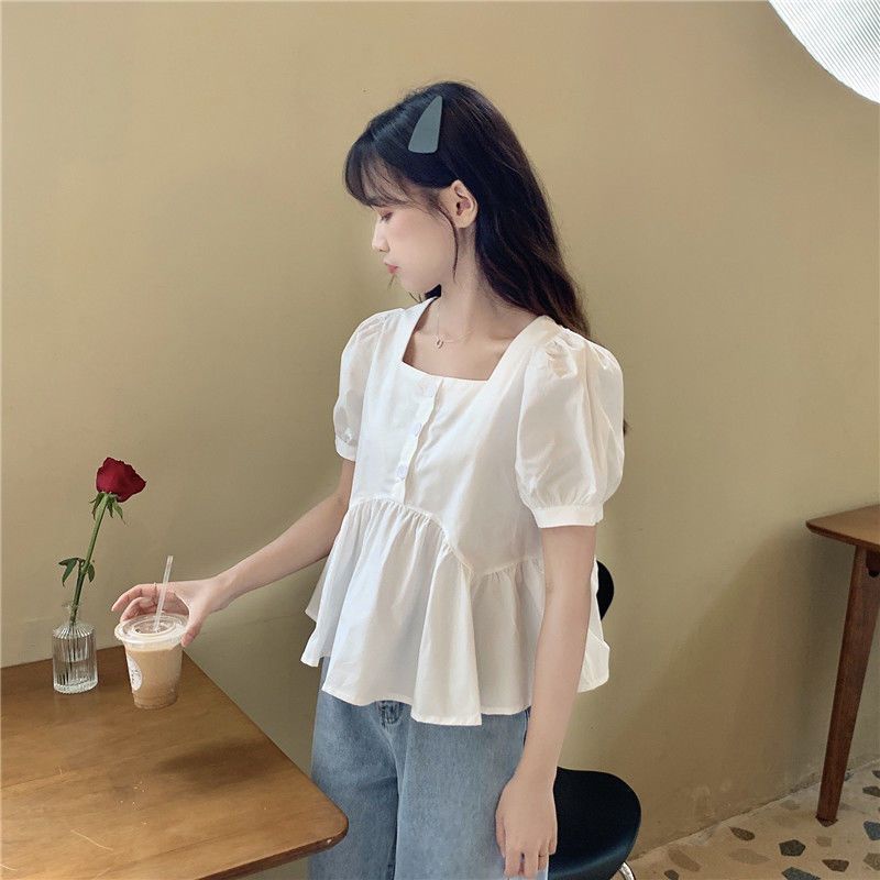COZOK Áo Kiểu Tay Phồng Cổ Vuông Màu Trơn Thời Trang Trẻ Trung