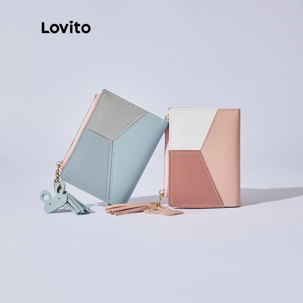 Túi hai ngăn dạng dây kéo ghép nối màu sắc phối tua rua dễ thương cho nữ