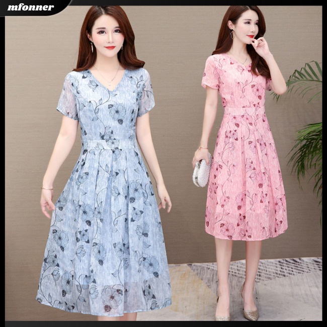 Đầm Dài Tay Ngắn Cổ Chữ V Họa Tiết Hoa Thanh Lịch Cho Nữ