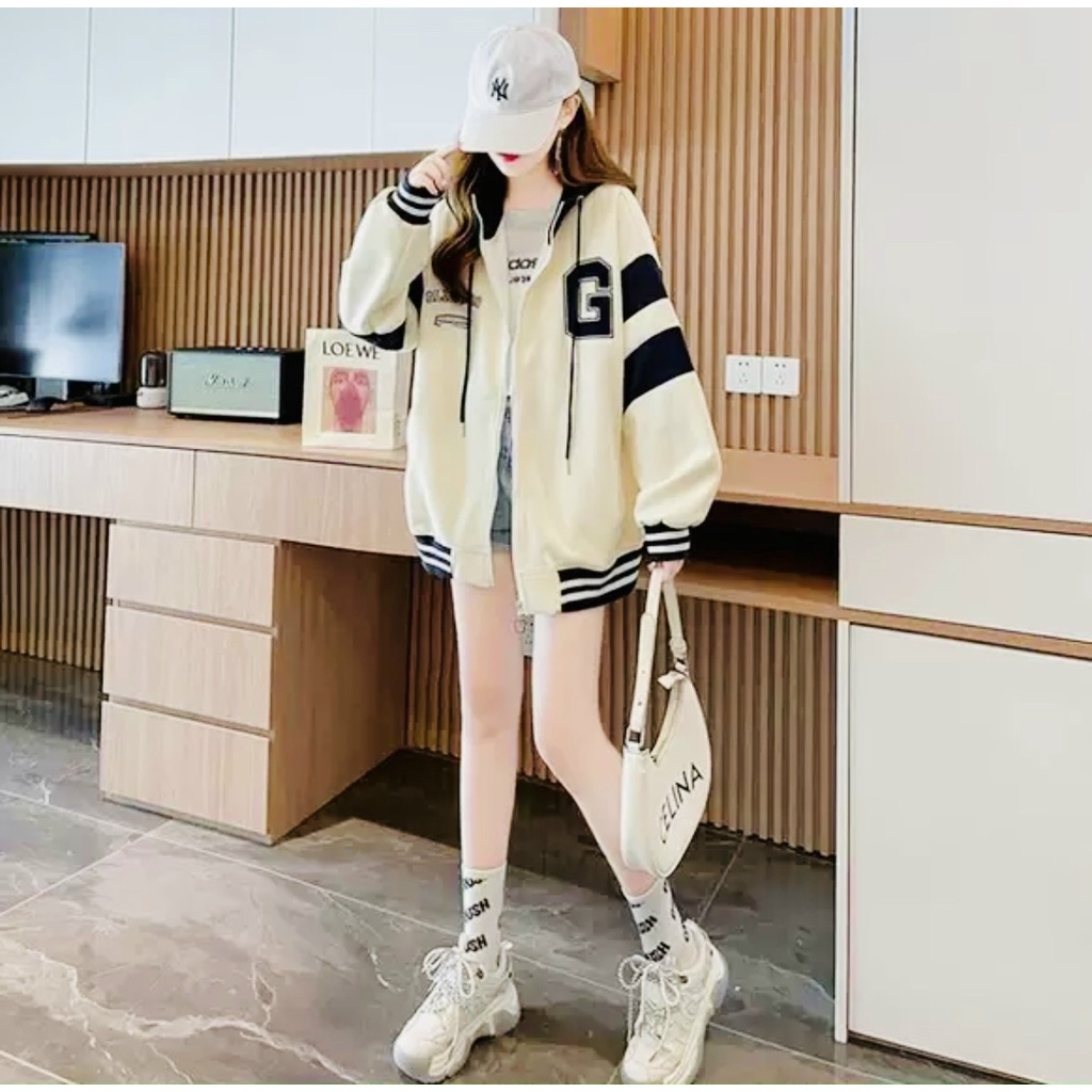 ÁO KHOÁC ZIPPER NỮ LOGO THÊU CHỮ G PHỐI SỌC TAY CỰC CHẤT PHONG CÁCH SÀNH ĐIỆU
