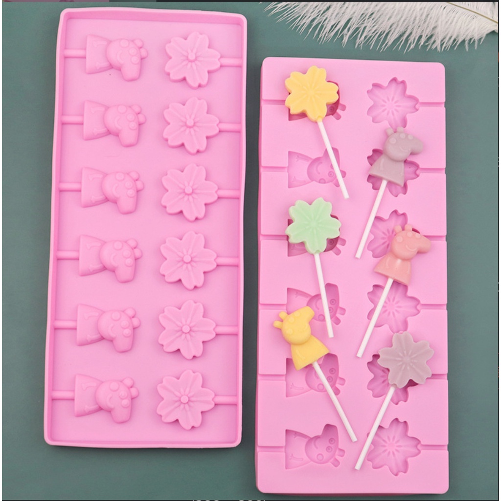 (Tặng Que) Khuôn làm kẹo mút silicon (Silicone) cho bé 12 hình dễ thương PUPUKIDS