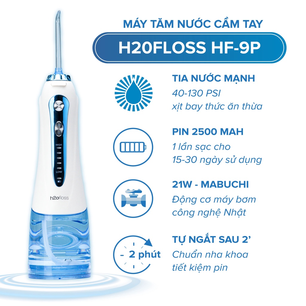 Máy Tăm Nước H2oFloss HF9P 5 Cấp Độ Tia Nước, Lực Bắn 130PSI, Pin 2500mAh, Dung tích 300ml, Đổi Mới 12 tháng, Tặng Túi