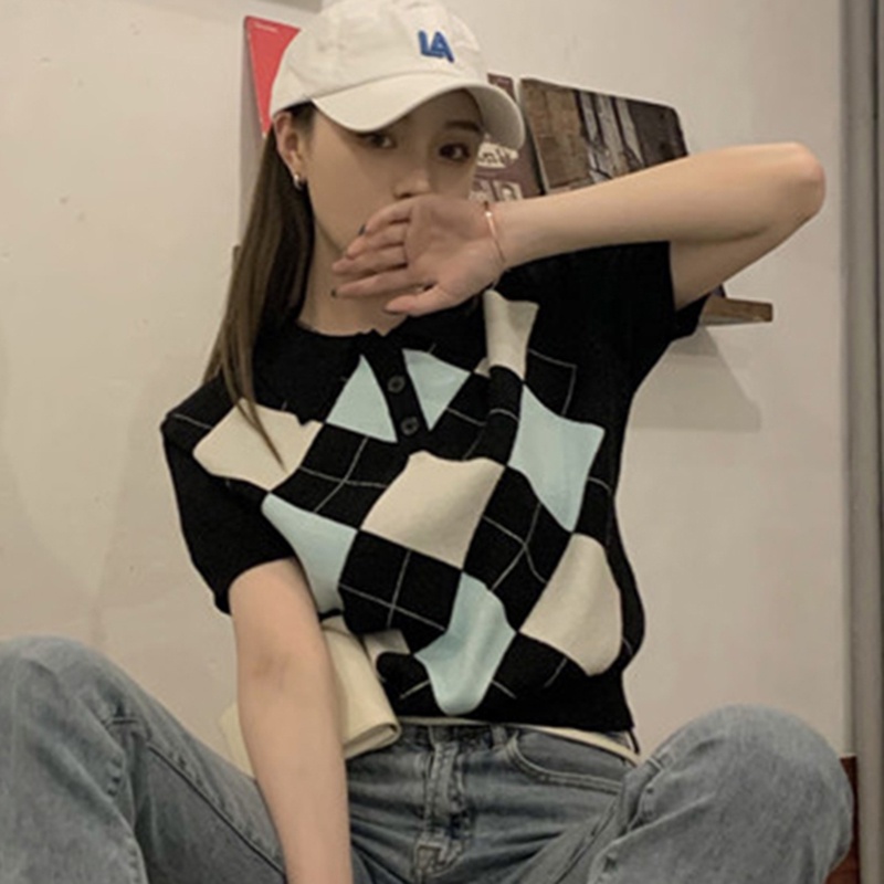 IELGY Áo Dệt Kim Ngắn Tay Họa Tiết Hình Thoi Thời Trang Cho Nữ