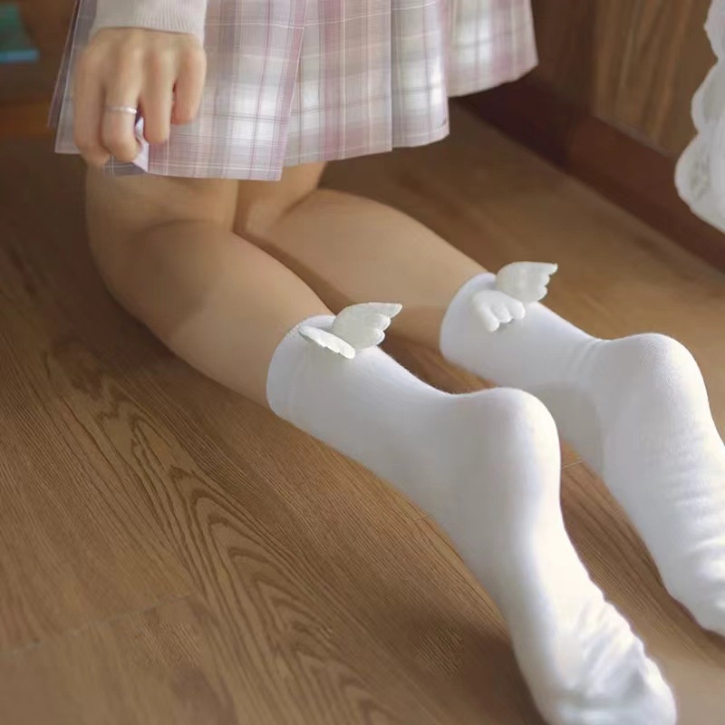 Vớ Cổ Trung Màu Trơn Đính Cánh Thiên Thần Ngọt Ngào Dễ Thương Phong Cách Lolita Nhật Bản Cho Nữ