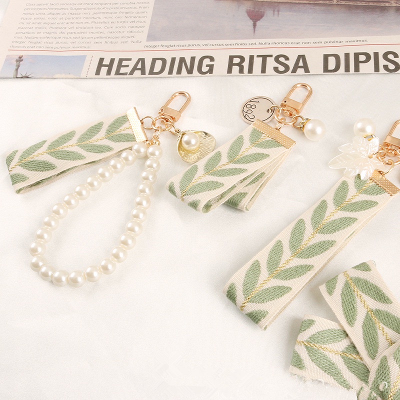 Móc Chìa Khóa Xe Hơi Bằng Hợp Kim Họa Tiết Kẻ Sọc Đính Ngọc Trai Và Ruy Băng Mới