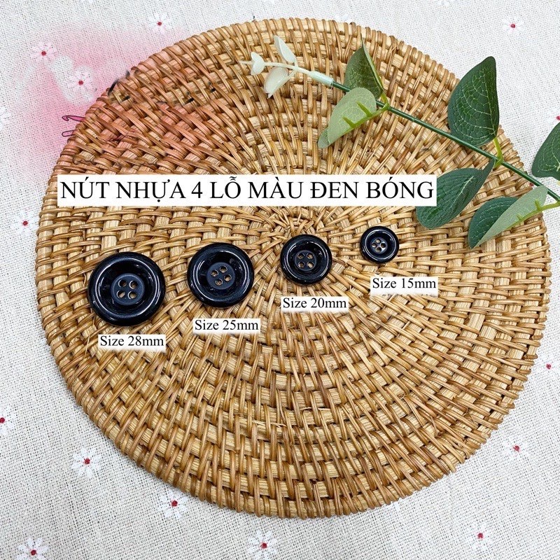 Set 20 Cúc (1.5cm, 1.8cm, 2cm, 2.5cm, 2.8cm) Nhựa Bóng 4 Lỗ, Cúc quần tây, cúc sơ mi, cúc vest, cúc măng tô, cúc áo dạ