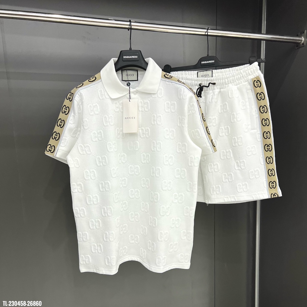 🔥Hot🔥Bộ Gucci vân nổi áo polo phối vai thiết kế hot trend Nam nữ New 2023