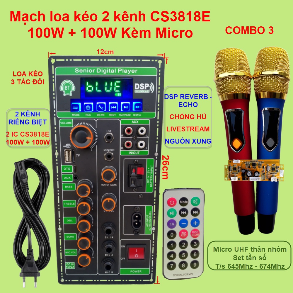 Mạch loa kéo 2 kênh Livestream DSP Reverb – Echo Chống hú 2 IC CS3818E 100W + 100W – Loa kéo 3 tấc đôi kèm Micro