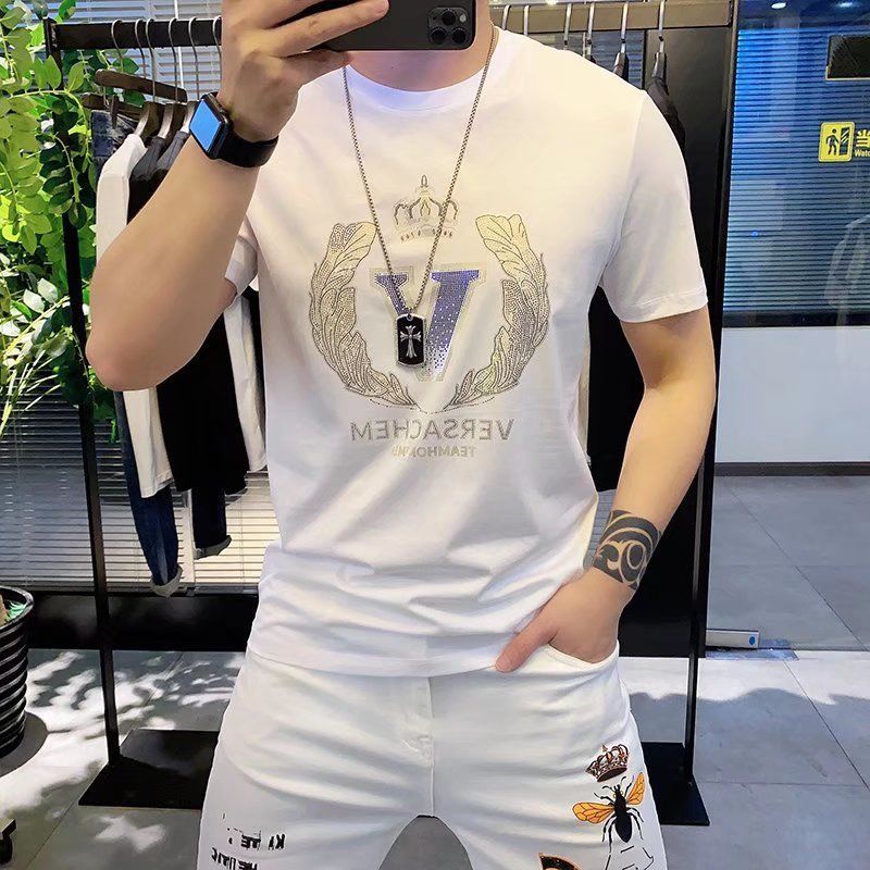 Áo Thun Cotton Tay Ngắn In Hình Vương Miện Đính Đá Thời Trang Mùa Hè Hàn Quốc Hàng Mới 2023 Dành Cho Bạn Nam