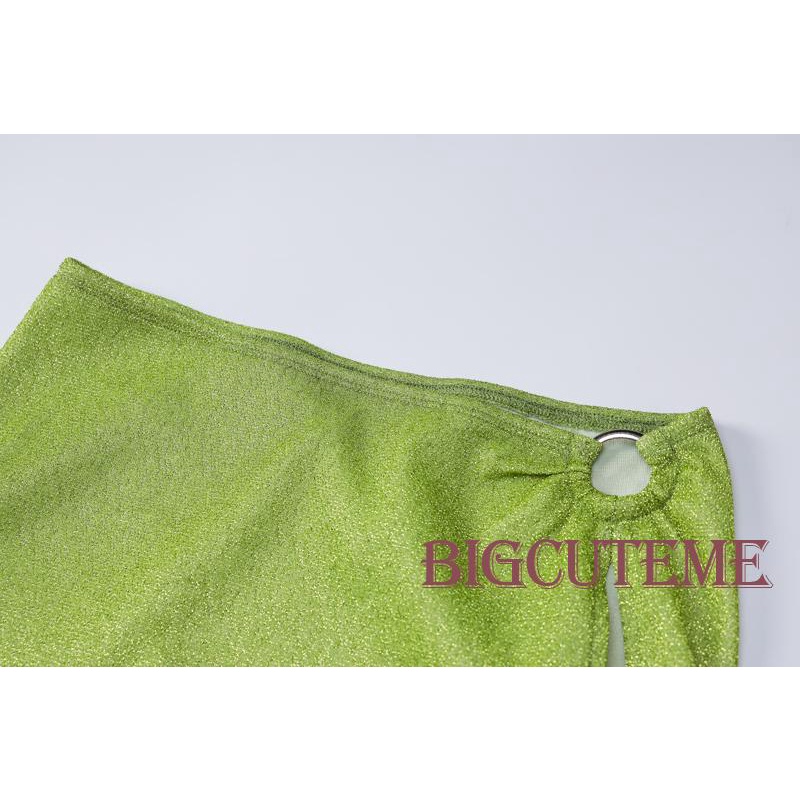 Set Đồ Mùa Hè 2 Món Gồm Áo Cổ Yếm Chéo Hở Lưng Màu Trơn + Chân Váy Mini Xẻ Tà Cho Nữ