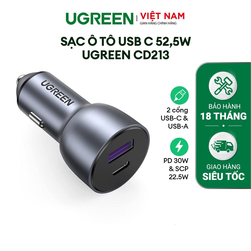 Sạc ô tô USB C UGREEN CD213| Cổng Type C 52.5W PD 30W&SCP 22.5W/QC 18W| Adapter sạc ô tô sạc nhanh| Bảo Hành 18 Tháng.