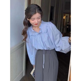 Áo sơ mi dáng babydoll chất đũi tàu viền bèo tay bồng cúc bọc cổ thắt nơ hàng quảng châu - hanju