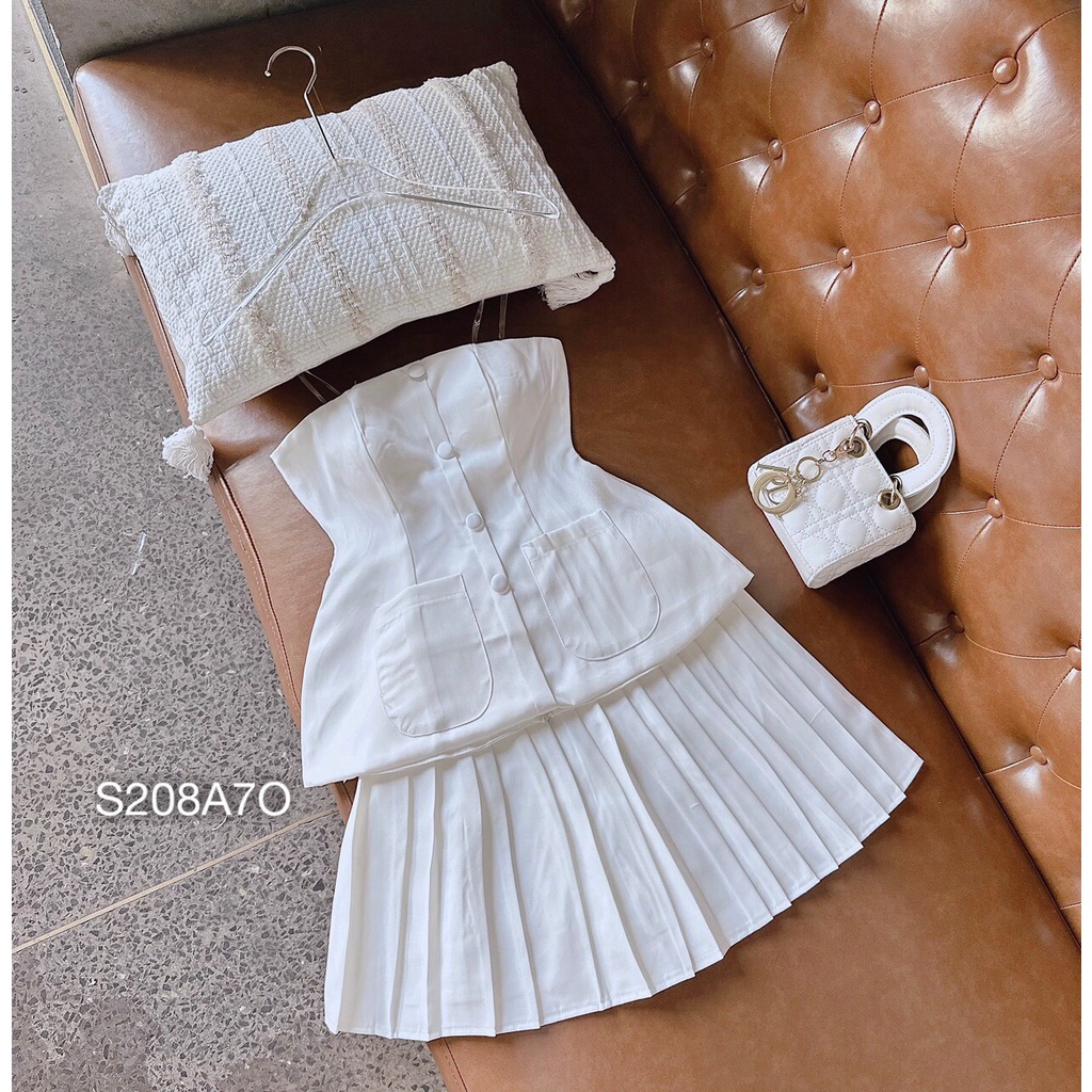 Set đồ nữ dự tiệc D0872 ,set áo peplum trắng cúp ngực mix chân váy dập ly xoè thiết kế cho nữ