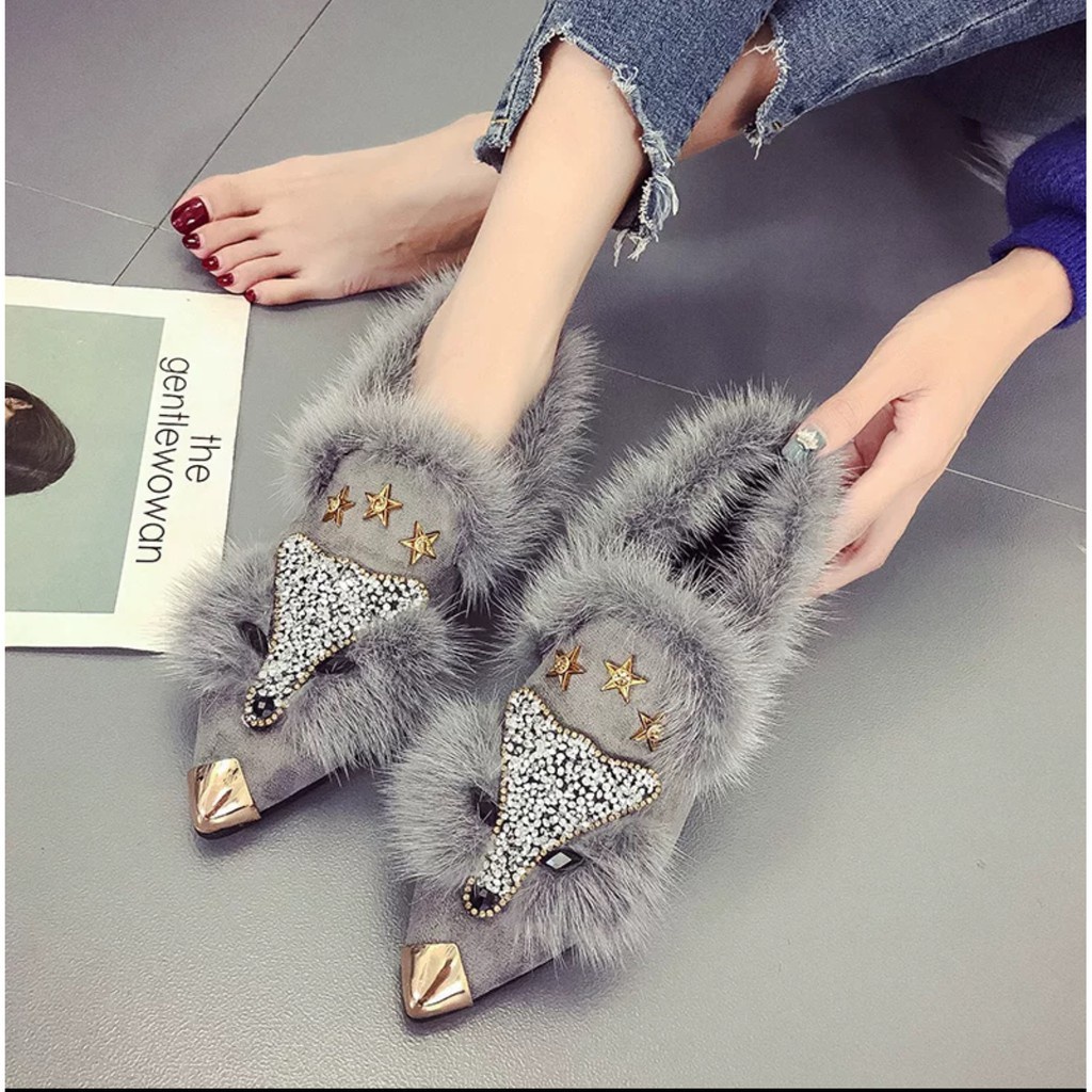 Giày Hồ Ly bông xù đính đá  2 màu Size 35->39