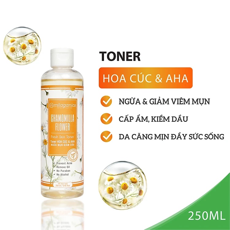 Nước hoa hồng toner hoa cúc & AHA ngừa mụn, giảm dầu dành cho da Mụn Nhạy Cảm MILAGANICS 250ml/chai Glam Beautique