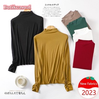 Áo Thun Trơn Tay Dài Cổ Cao Co Giãn Thời Trang Xuân Thu 2023 Dành Cho Nữ