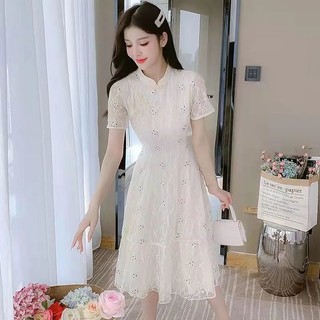 Đầm Sườn Xám Vải Voan Phối Ren Tay Ngắn Phong Cách Hàn Quốc Thời Trang Mùa Hè Hàng Mới
