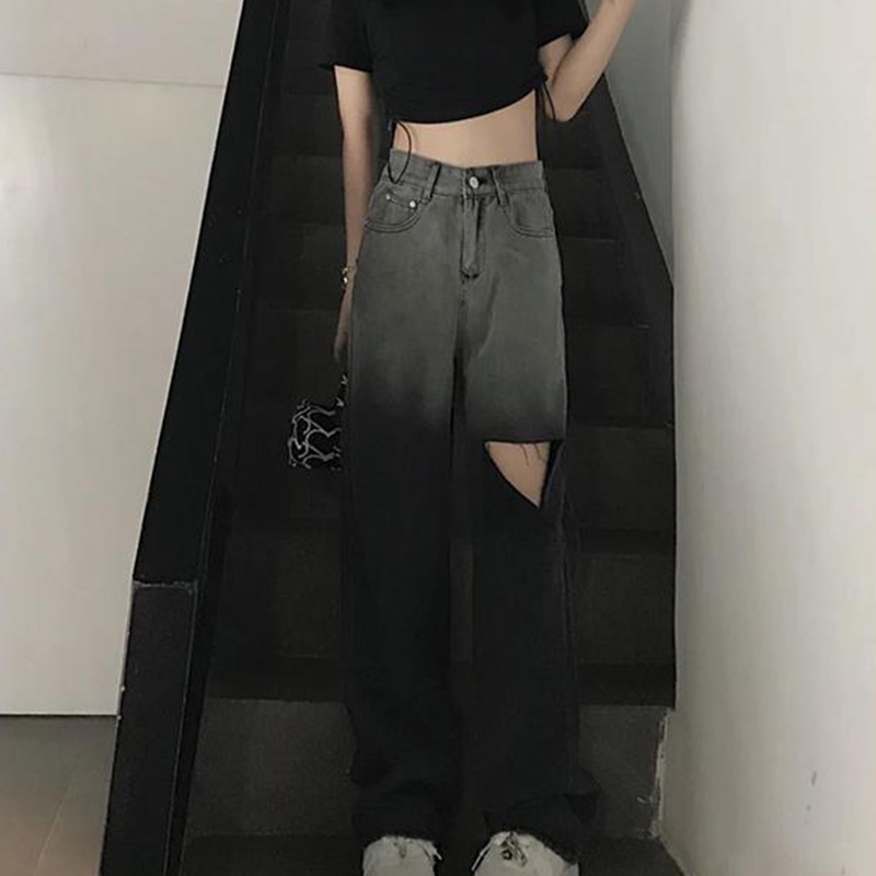 IELGYQuần Jean Dài Lưng Cao Ống Rộng Phối Rách Cá Tính Cho Nữ