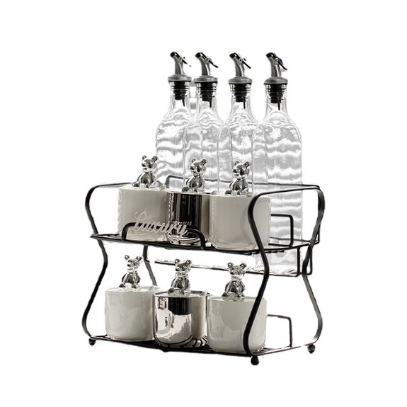 Nguyên bộ kệ +hộp + lọ thuỷ tinh đựng gia vị, dầu ăn 200 - 500 ml chống bụi, chống ẩm phong cách Bắc Âu màu bạc