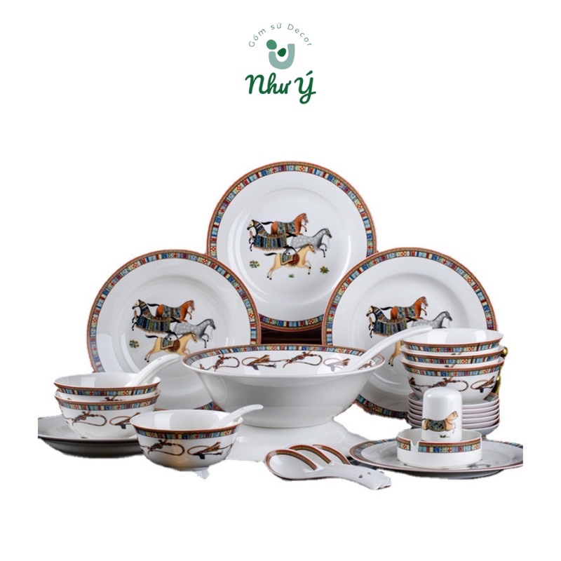 Bộ bát đĩa sứ xương cao cấp 38 món 6 người ăn, bộ đồ bếp hoạ tiết Hermes sang trọng - Gốm Sứ Như Ý