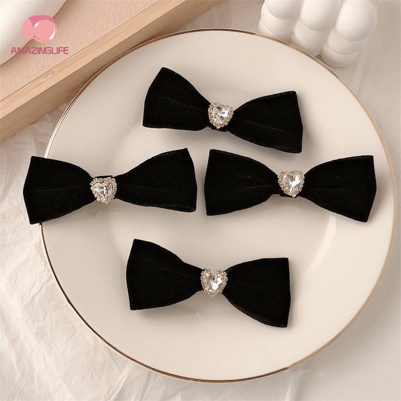 Kẹp Tóc Hình Nơ Đính Kim Cương Giả Màu Đen / Nhung Phong Cách Ins Cổ Điển Thời Trang Cho Nữ