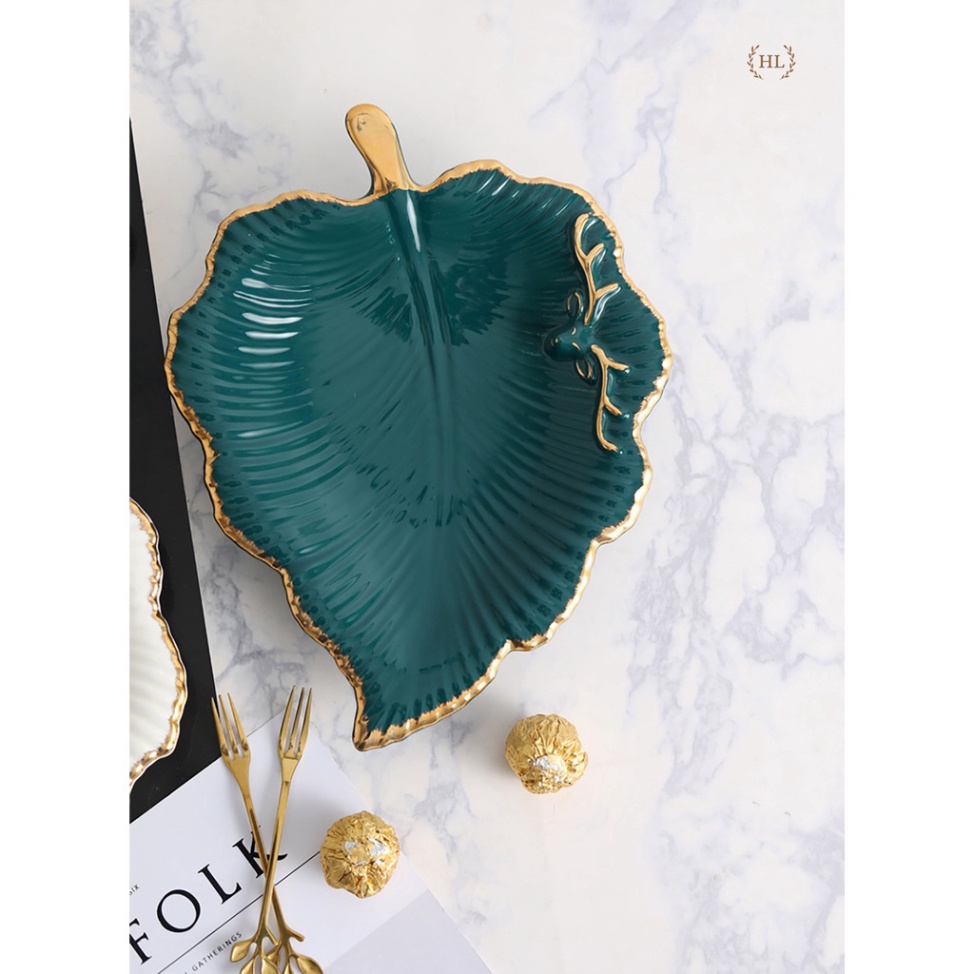 Đĩa tô điểm hình chiếc lá Home Luxury Decor hoa lá hoa văn kẻ vàng kim hình Hươu đắp nổi - Vỡ 1 Đổi 1 - Sứ Xương Hàn Quố