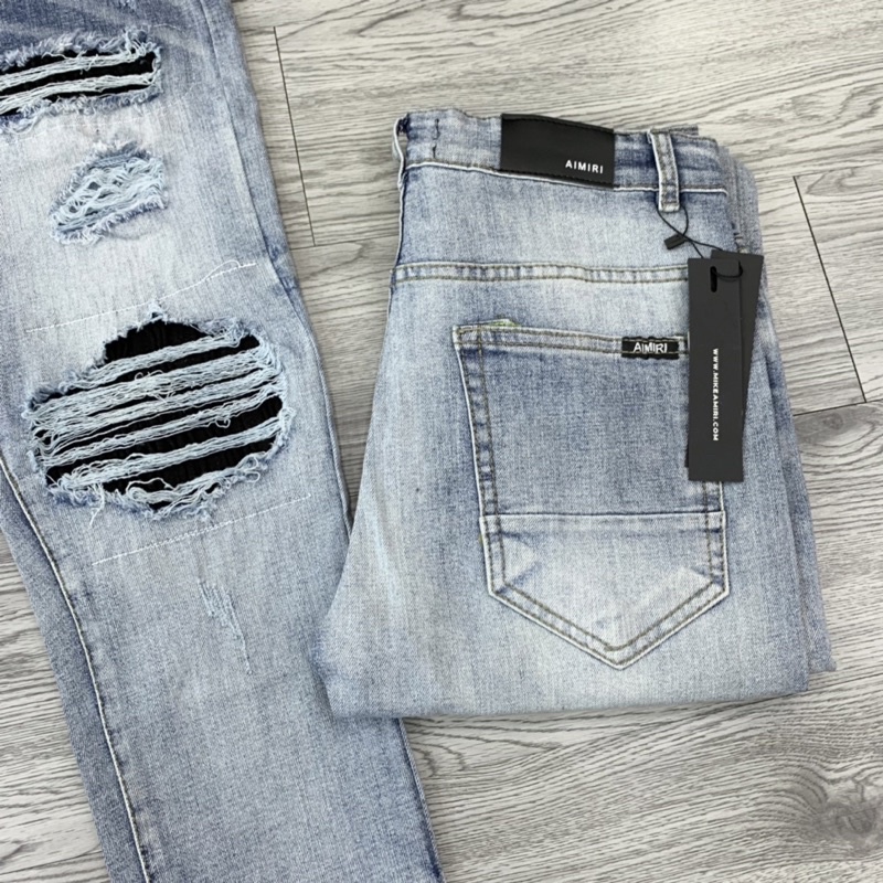 Quần jean bò nam slimfit wash xanh khói rách xước chỉ đùi gối vá vải nhăn đen phối ống loang sóng