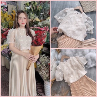 SET ÁO KEM ĐÍNH HOA + CHÂN VÁY MIDI DẬP LY