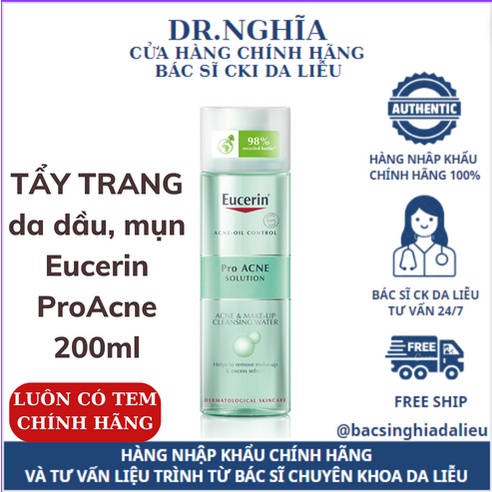 Nước tẩy trang cho da dầu mụn Eucerin ProAcne Solution Acne & Make Up Cleansing Water 200ml