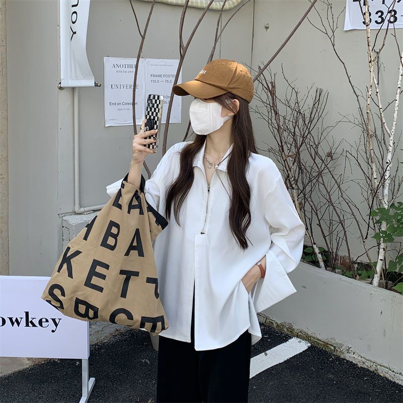 Áo sơ mi COZOKC tay dài màu trơn có khóa kéo thời trang