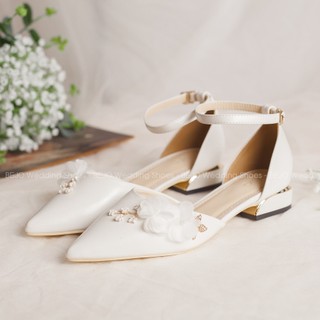 Giày Cao Gót Nữ Cao Cấp BEJO H78.3P.03 Trắng Đính Hoa Voan Lụa Sang Trọng - Giày Cưới Cô Dâu Đi Êm Chân