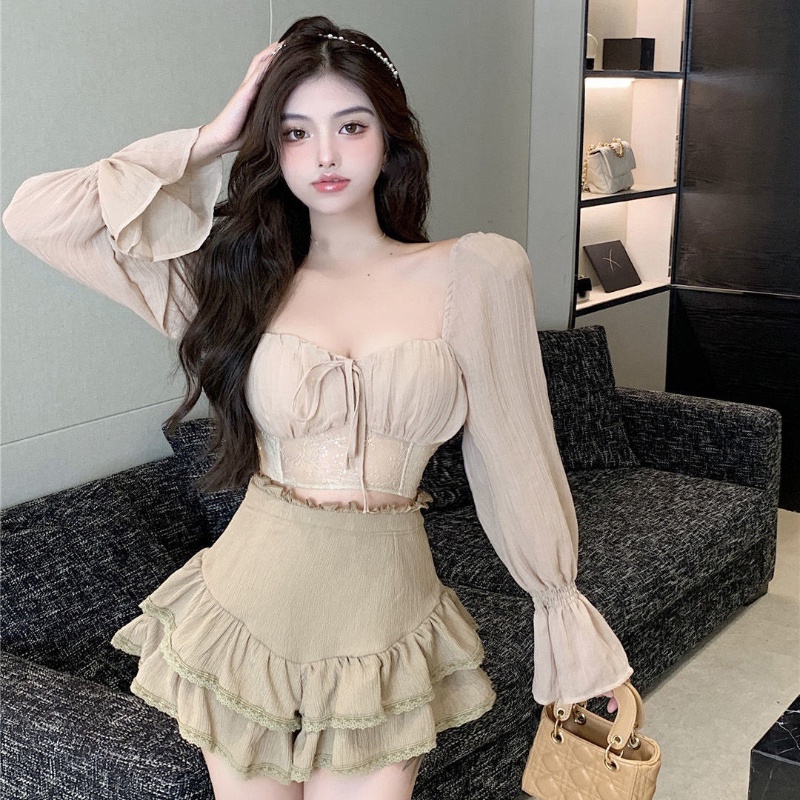 COZOK Áo Kiểu Tay Dài Phối Ren Thời Trang Nữ Tính