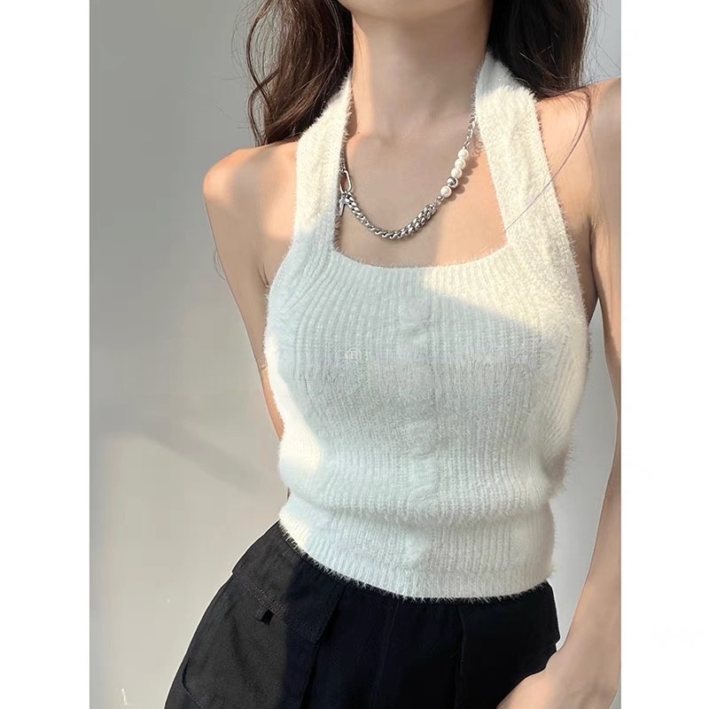 Áo Dệt Kim Hai Dây Dáng Ôm Thời Trang Cổ Yếm Phong Cách retro Dành Cho Nữ