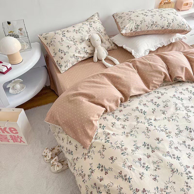 Chăn Ga Gối Cotton Living " Hồng Kẻ Đen " - Bộ Chăn Ga Gối Cotton 100% Nhập Khẩu 4 món