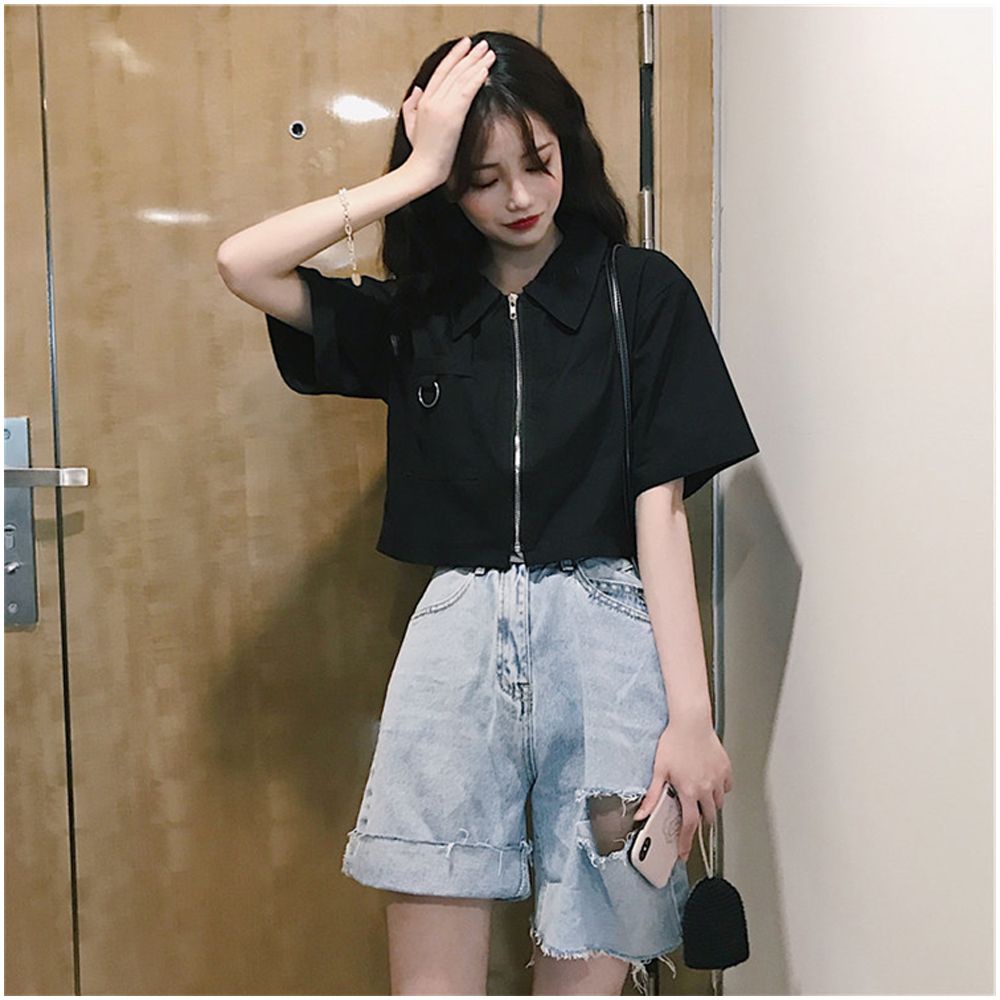 Áo sơ mi COZOK ngắn tay có khóa kéo thời trang mùa hè cho nữ