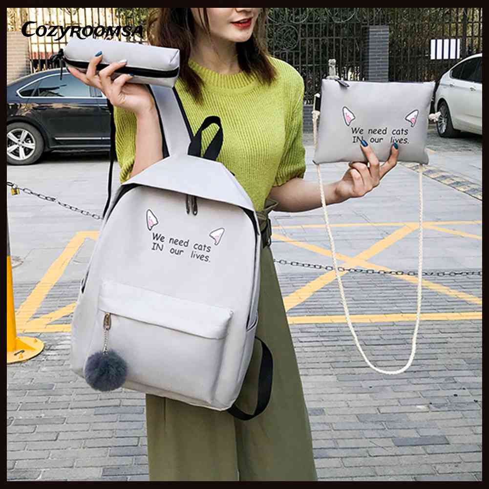 Set 4 Balo Túi Xách Ví Canvas Họa Tiết Dễ Thương