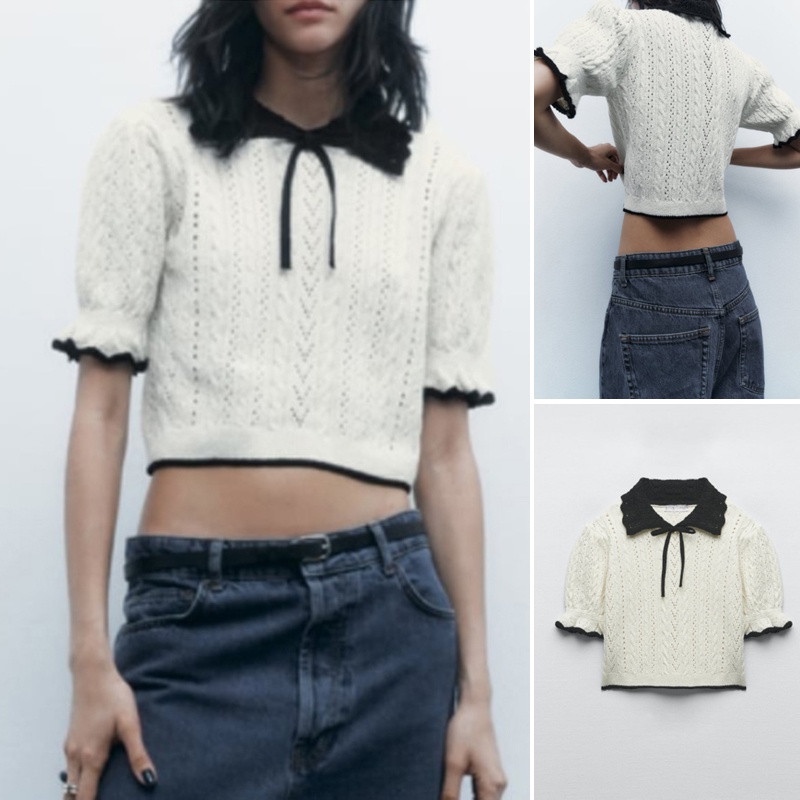 Zara Áo Dệt Kim Ngắn Tay Cổ Tròn Phối Màu Tương Phản Đính Nơ Thời Trang Mùa Xuân 234331017