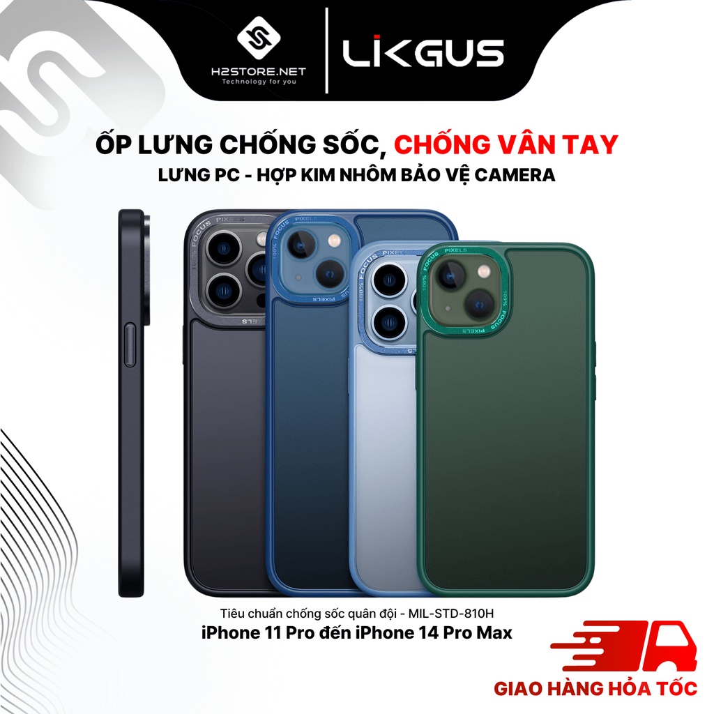 Ốp lưng chống sốc bảo vệ Camera hợp kim nhôm Likgus lưng nhám chống bám vân tay cho iPhone 11/ 12/ 13/ 14 Pro Max