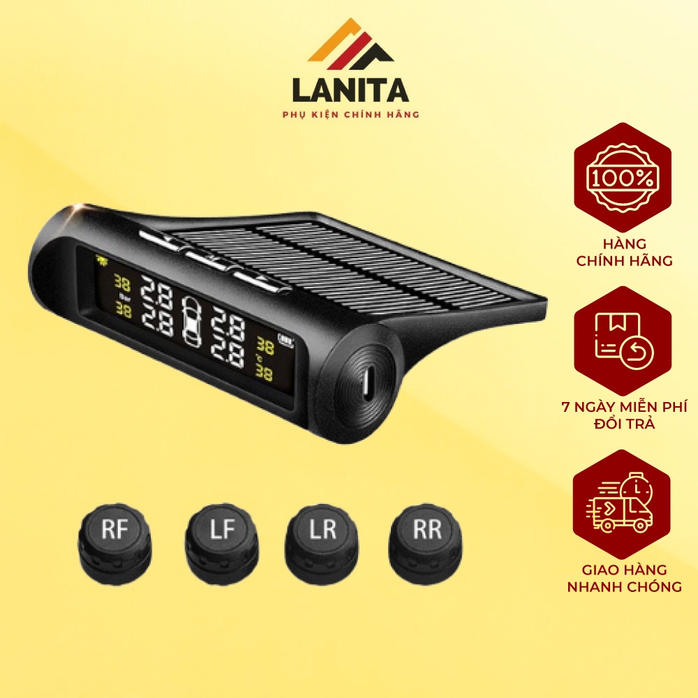 Cảm biến áp suất lốp LANITA màn hình led hiển thị thông số áp suất và nhiệt độ lốp pin năng lượng mặt trời
