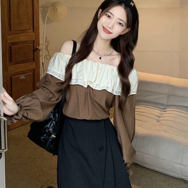 IELGY Áo Kiểu Trễ Vai Phối Bèo Phong Cách Pháp Thời Trang Cho Nữ