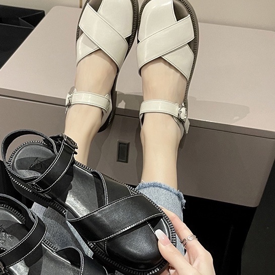 Giày xinh- Sandal lolita nữ đan bản to chất da mềm đế 3cm SIZE 36-39 CÓ 2 MÀU ĐEN VÀ KEM  SD-0327