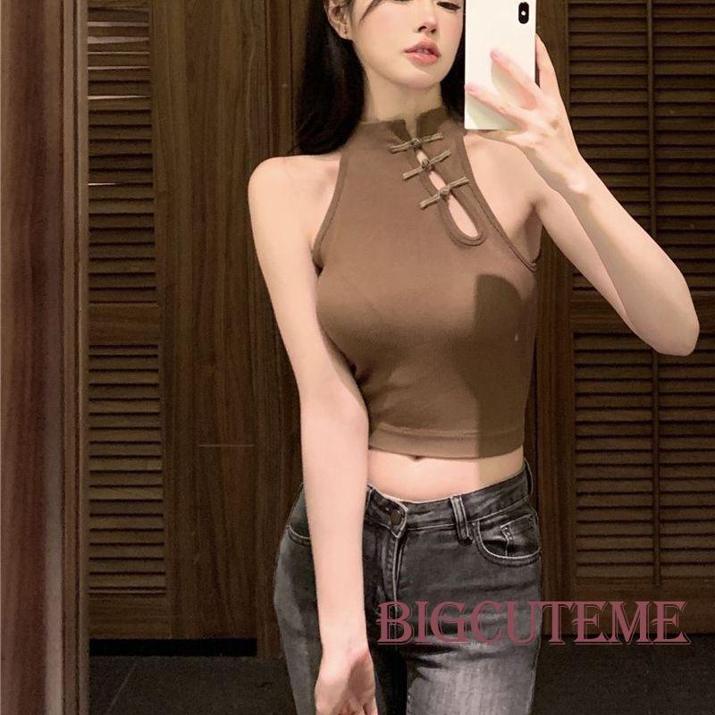 Áo Croptop Không Tay Có Mút Đệm Phối Nút Phong Cách Trung Hoa Thời Trang Mùa Hè Dành Cho Nữ