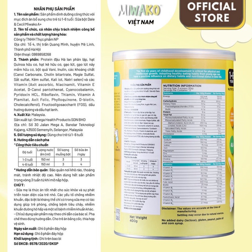 Sữa hạt Miwako A+ vị vani hộp 700g + Gói sữa dùng thử Miwakoko vị cacao gói 30g cho bé từ 1 tuổi - Miwako Official Store