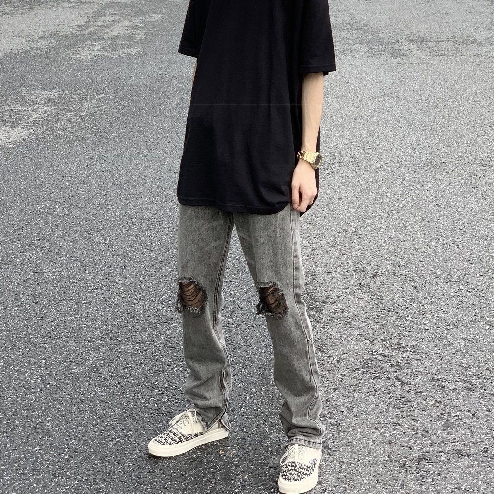 Quần Jeans Dài Rách Gối Phong Cách Hip Hop Đường Phố Cho Nam