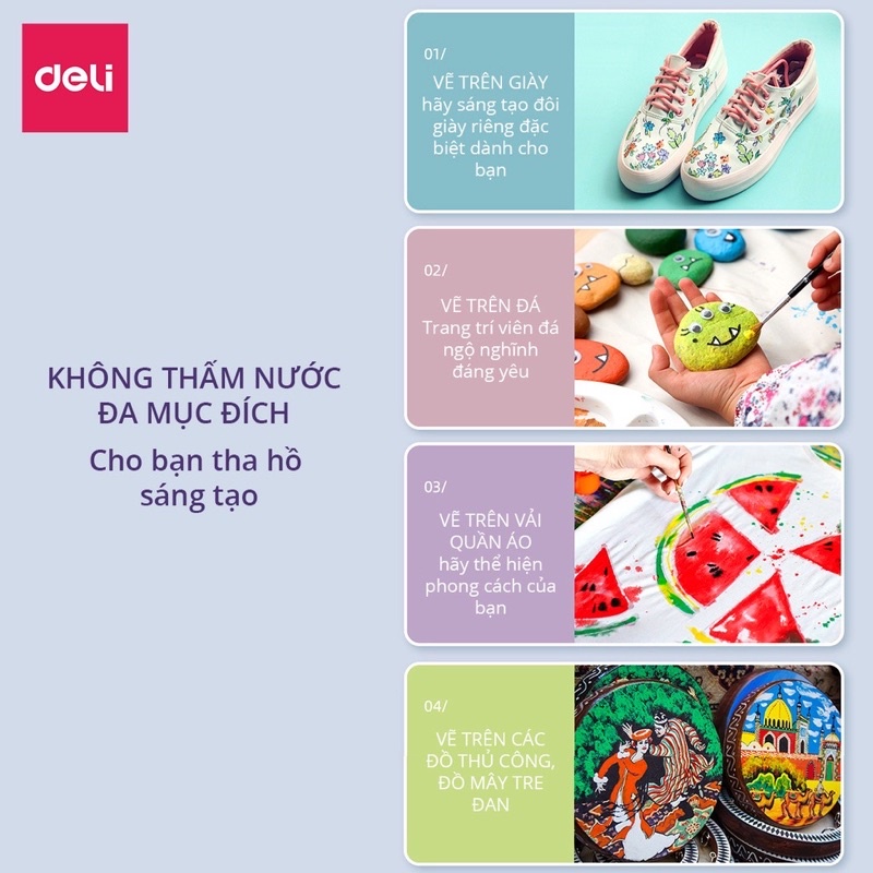 Màu nước Acrylic Deli tuýp 5ml 12/18/24 màu kèm cọ và khay