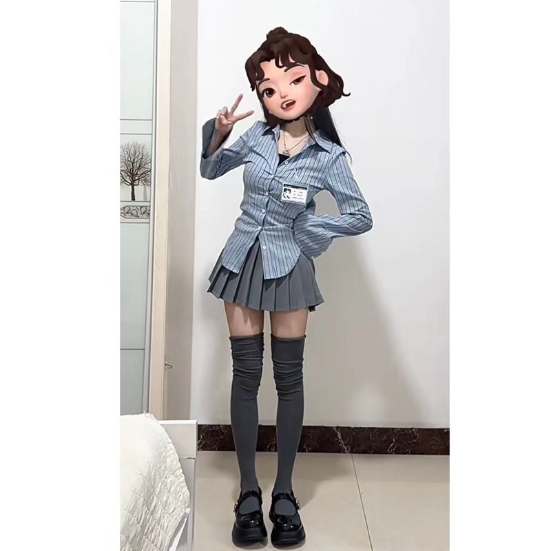 Set Áo Sơ Mi Kẻ Sọc + Chân Váy Xếp Ly Lưng Cao Màu Xám Thời Trang Cho Nữ